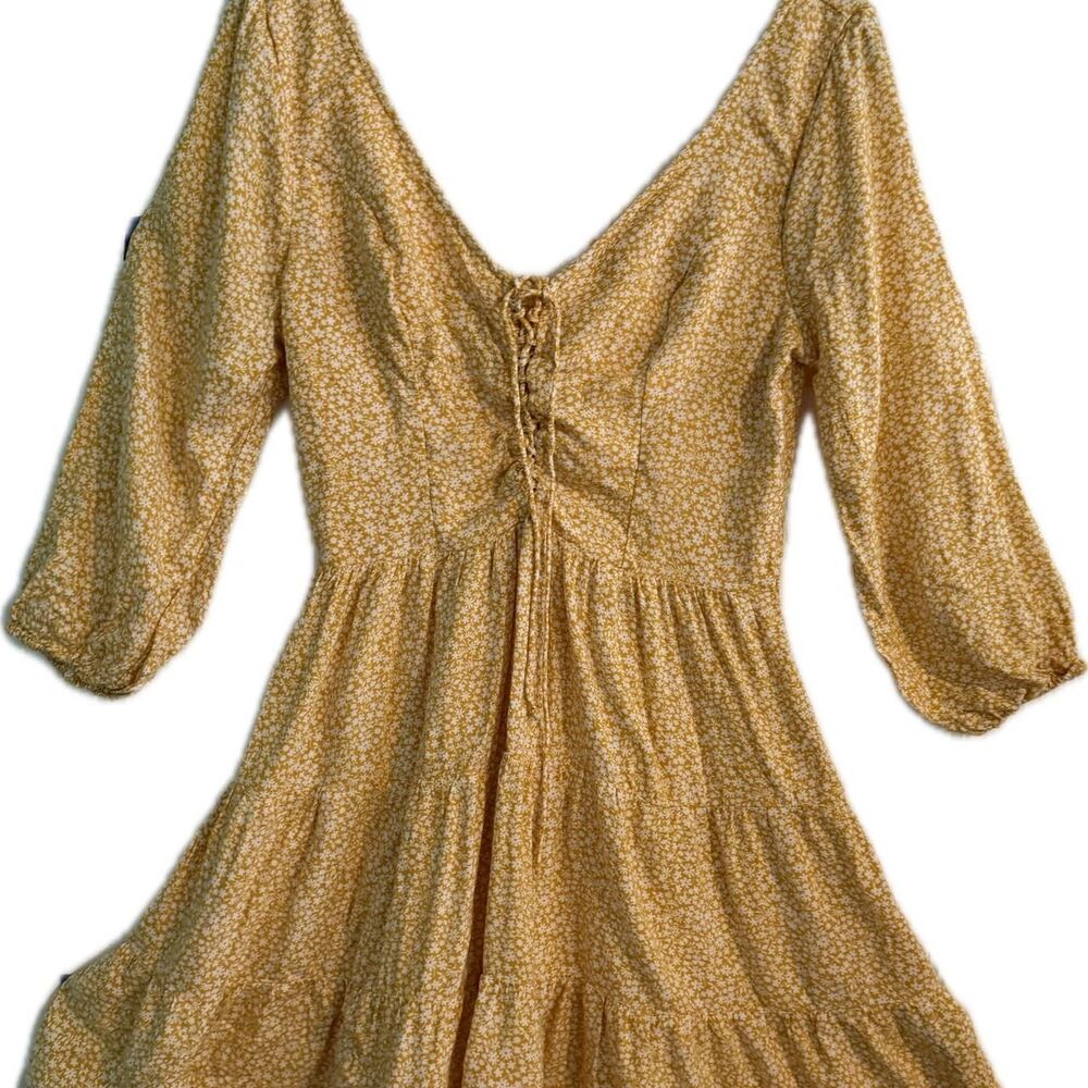 Hollister Marigold Yellow Floral Mini Dress Size M Cottagecore Lace Up